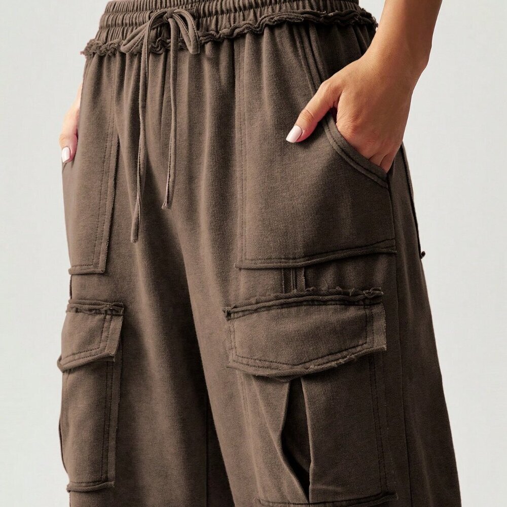 Coffee Brown Casual Women's Vacation Knit 3d Pocket Wide Leg Pants - Picture 5 of 8
